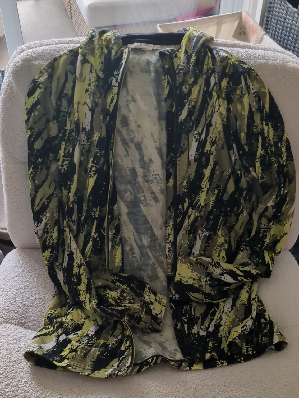Icebreaker Men's Zip-Up Sweater in Lime Green and Black Abstract Print